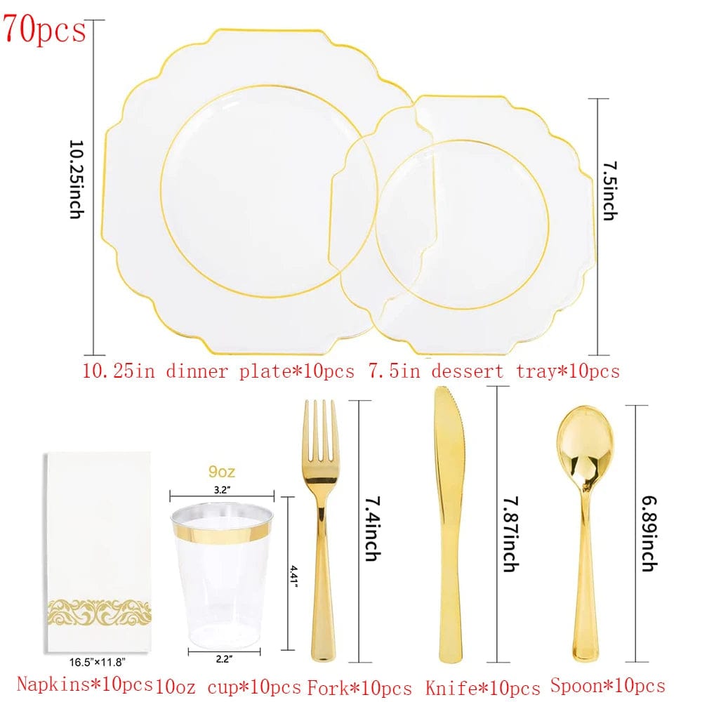  Showlu Fashion Store gold 70pcs Disposable Party Cutlery Plastic Dinner Plate With Cutlery Cup Napkin Combination Birthday Wedding Party Supplies 10 Person Set