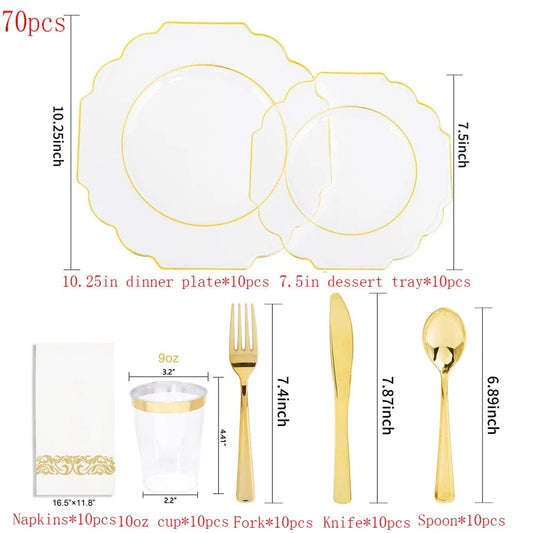  Showlu Fashion Store gold 70pcs Disposable Party Cutlery Plastic Dinner Plate With Cutlery Cup Napkin Combination Birthday Wedding Party Supplies 10 Person Set