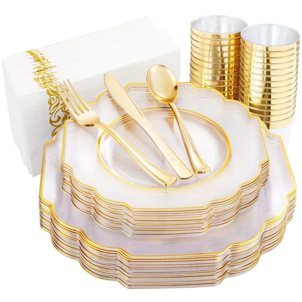  Showlu Fashion Store gold 70pcs Disposable Party Cutlery Plastic Dinner Plate With Cutlery Cup Napkin Combination Birthday Wedding Party Supplies 10 Person Set