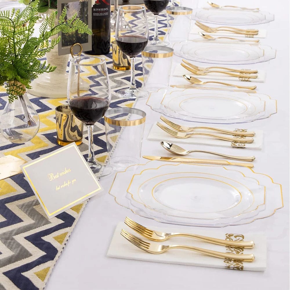  Showlu Fashion Store gold 70pcs Disposable Party Cutlery Plastic Dinner Plate With Cutlery Cup Napkin Combination Birthday Wedding Party Supplies 10 Person Set