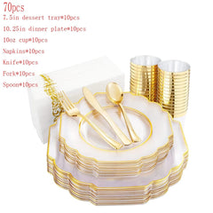  Showlu Fashion Store gold 70pcs Disposable Party Cutlery Plastic Dinner Plate With Cutlery Cup Napkin Combination Birthday Wedding Party Supplies 10 Person Set