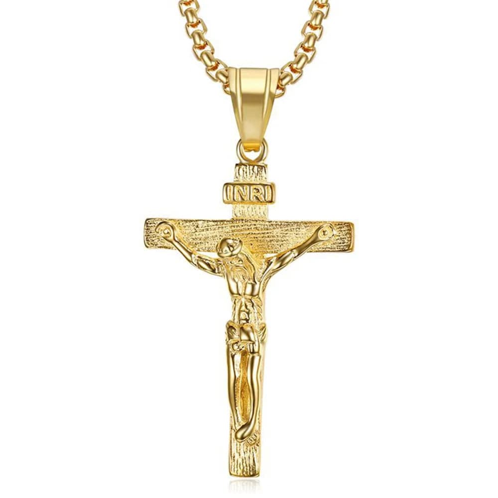  Showlu Fashion Store Gold Color / 50cm Religious Jesus Christ Cross Pendant Necklace for Women/Men Gold Color Stainless Steel Crucifix Necklaces Male Christian Jewelry