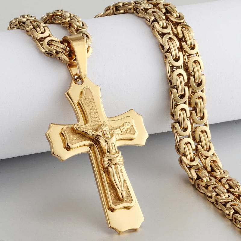  Showlu Fashion Store Gold Color / 70cm Religious Catholic Crucifix Jesus Cross Necklace for Men Cross Pendent with Bible Necklace Men Byzantine Chain Jewelry Gifts