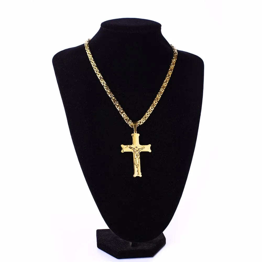  Showlu Fashion Store Gold Color Stainless Steel Jesus Cross Pendant Necklace 6mm Link Byzantine Chain Necklace Long Heavy Men Jewelry collares MN68