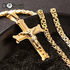  Showlu Fashion Store Gold Color Stainless Steel Jesus Cross Pendant Necklace 6mm Link Byzantine Chain Necklace Long Heavy Men Jewelry collares MN68