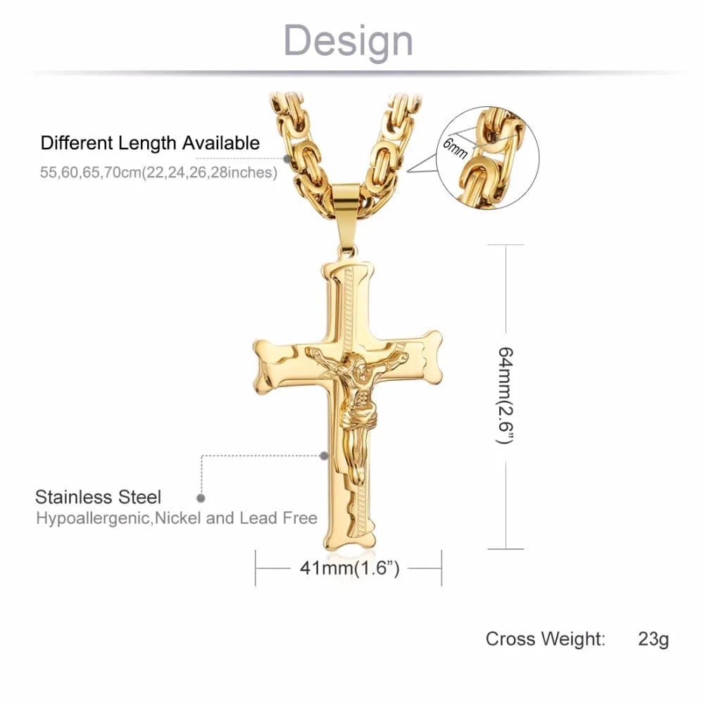  Showlu Fashion Store Gold Color Stainless Steel Jesus Cross Pendant Necklace 6mm Link Byzantine Chain Necklace Long Heavy Men Jewelry collares MN68