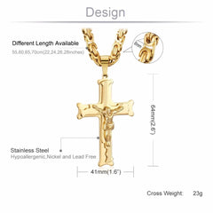  Showlu Fashion Store Gold Color Stainless Steel Jesus Cross Pendant Necklace 6mm Link Byzantine Chain Necklace Long Heavy Men Jewelry collares MN68