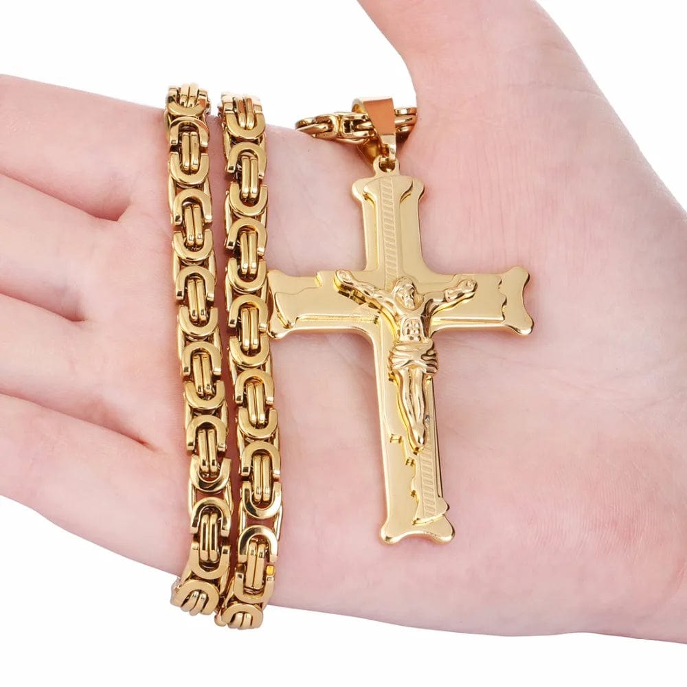  Showlu Fashion Store Gold Color Stainless Steel Jesus Cross Pendant Necklace 6mm Link Byzantine Chain Necklace Long Heavy Men Jewelry collares MN68