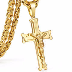  Showlu Fashion Store Gold Color Stainless Steel Jesus Cross Pendant Necklace 6mm Link Byzantine Chain Necklace Long Heavy Men Jewelry collares MN68