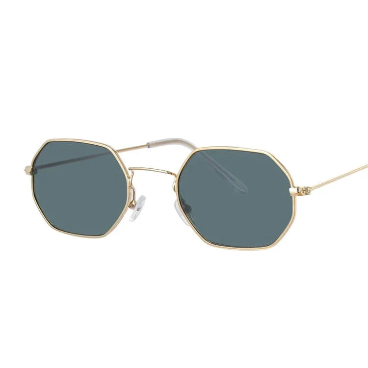 Showlu Fashion Store women's square metal sunglasses with gold frame, deep green mirror lenses, UV400 protection, stylish and trendy.