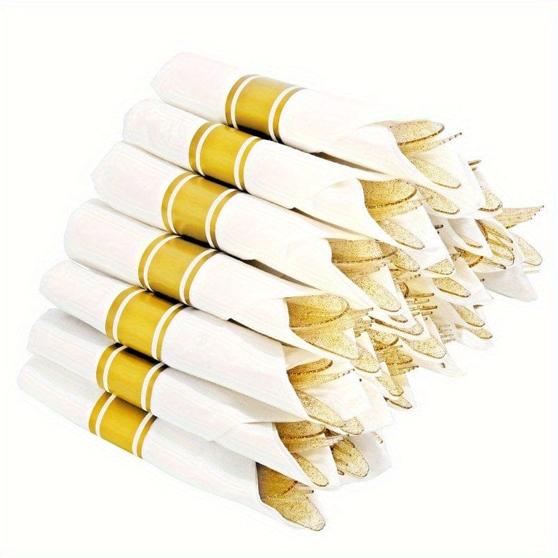 Showlu Golden Glitter Plastic Cutlery Set with pre-rolled napkins, 40 pieces, ideal for parties, weddings, and catering.