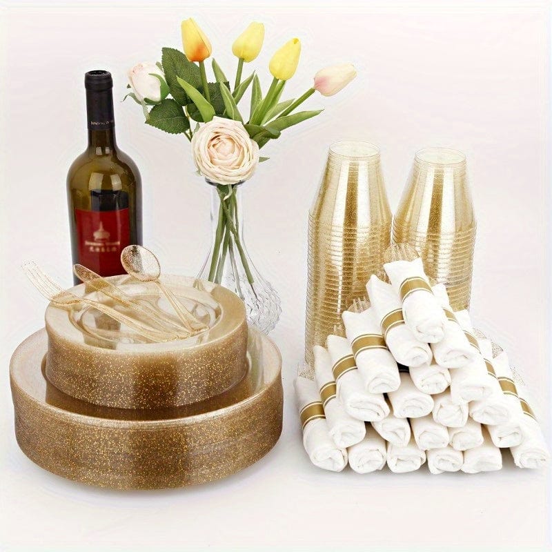 Showlu Golden Glitter Plastic Cutlery Set with pre-rolled napkins, 40-piece disposable silverware for parties and weddings.