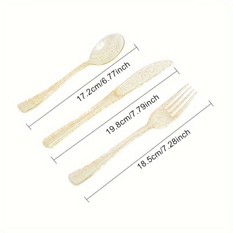 Showlu Golden Glitter Plastic Cutlery Set with pre-rolled napkins, 40-piece disposable silverware for parties, weddings, and catering.