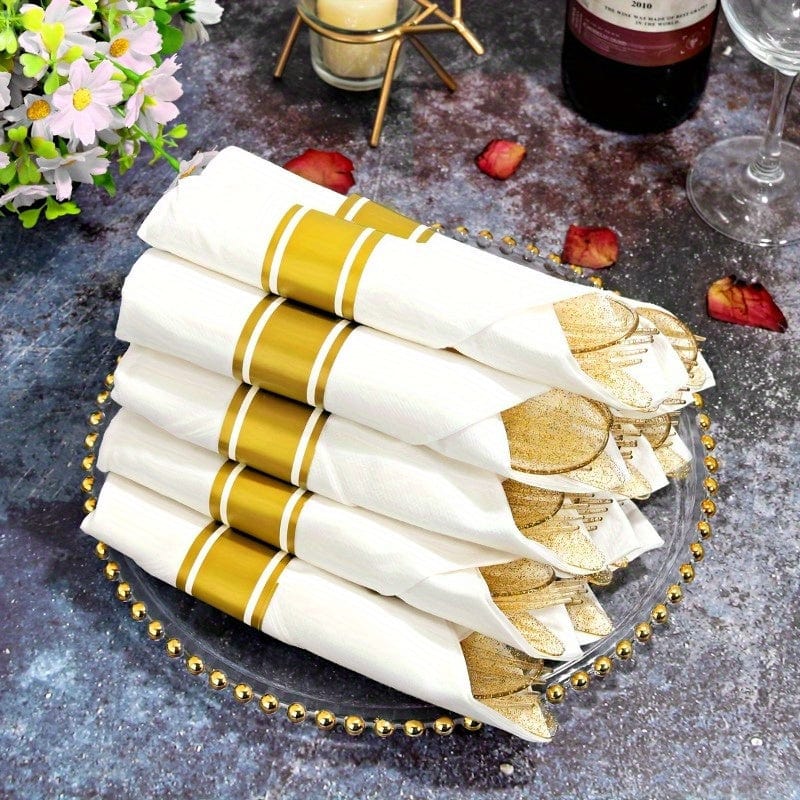 Showlu Golden Glitter Plastic Cutlery Set with pre-rolled napkins, 40-piece disposable silverware for parties and celebrations.