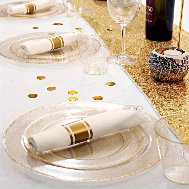 Showlu Golden Glitter Plastic Cutlery Set with pre-rolled napkins, 40 pieces, ideal for parties, weddings, and catering events.