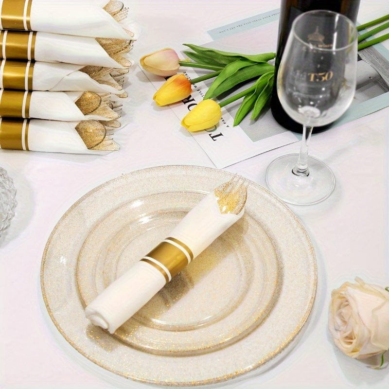 Showlu Golden Glitter Plastic Cutlery Set with pre-rolled napkins, 40 pieces, ideal for parties, weddings, and catering events.
