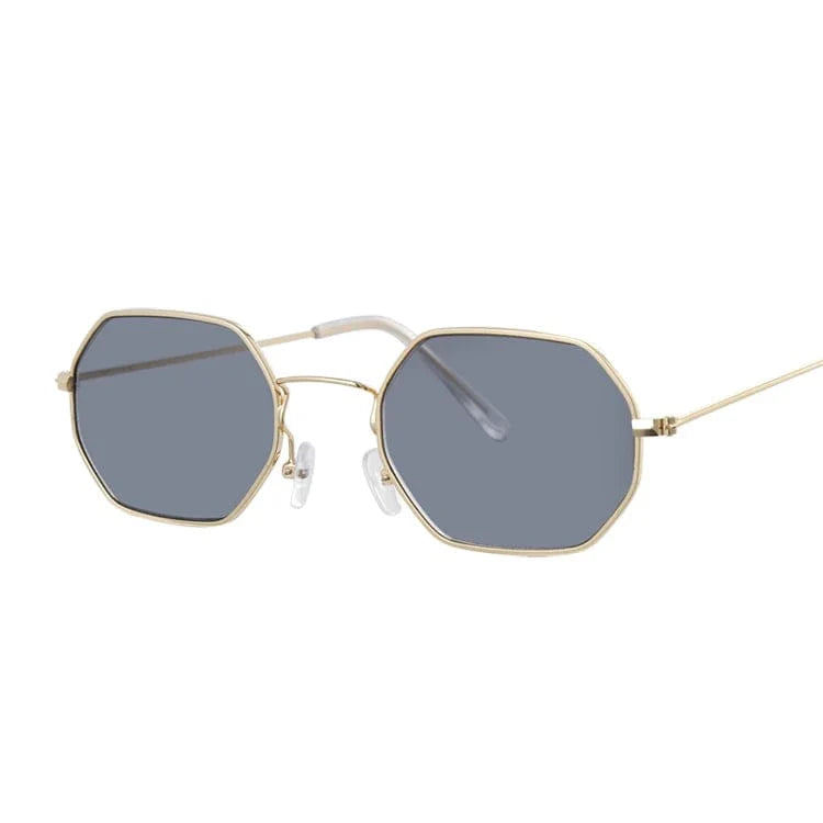 Showlu Fashion Women's square metal sunglasses with gray mirror lenses, UV400 protection, small frame, stylish ocean-inspired design.