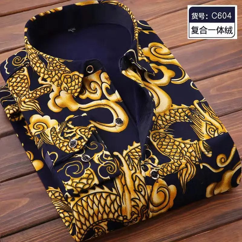 Showlu Fashion Store Gold / M 2023 winter new arrival Men's fashion Shirts long Sleeve Casual print Shirt,autumn mens thicken shirt Men size M-5XL CY099