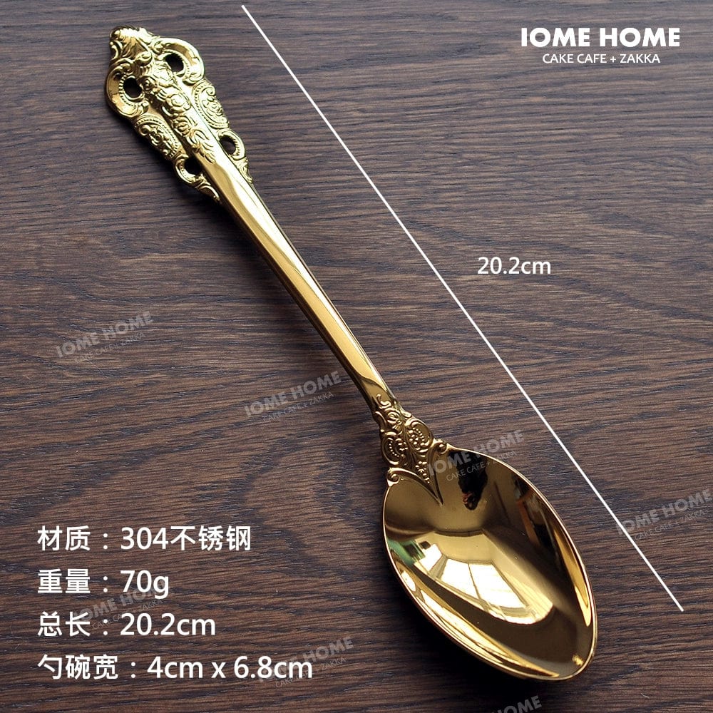 Showlu French retro relief stainless steel main meal and dessert spoon and fork set with intricate design, perfect for elegant dining.