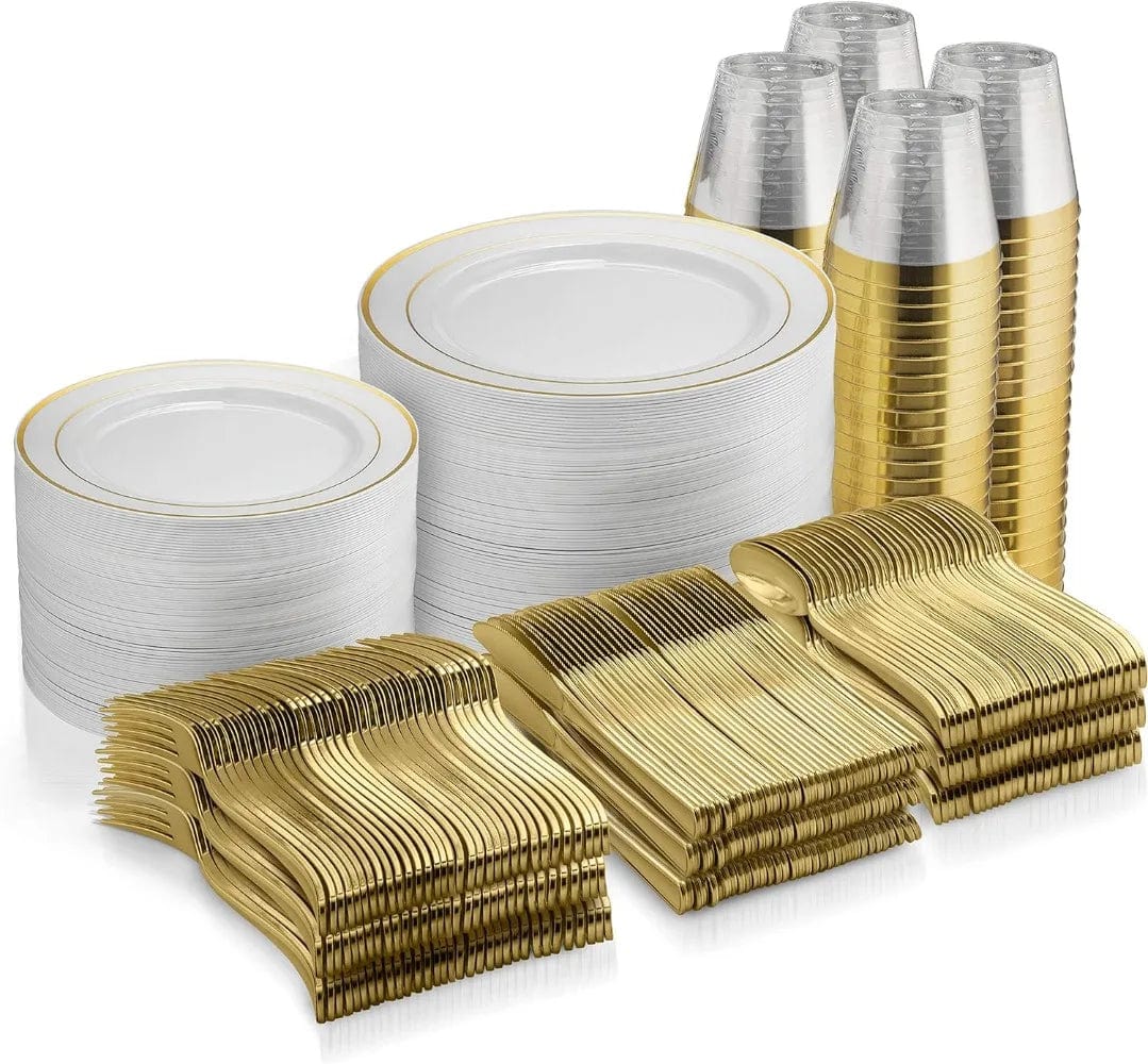  Showlu Fashion Store Gold Rim / United States Munfix 600 Piece Gold Plastic Dinnerware Set, Disposable - 100 Gold Rim 10 inch and 7 Inch Plates, 300 Gold Silverware