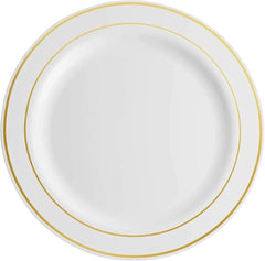  Showlu Fashion Store Gold Rim / United States Munfix 600 Piece Gold Plastic Dinnerware Set, Disposable - 100 Gold Rim 10 inch and 7 Inch Plates, 300 Gold Silverware