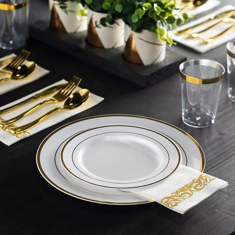  Showlu Fashion Store Gold Rim / United States Munfix 600 Piece Gold Plastic Dinnerware Set, Disposable - 100 Gold Rim 10 inch and 7 Inch Plates, 300 Gold Silverware