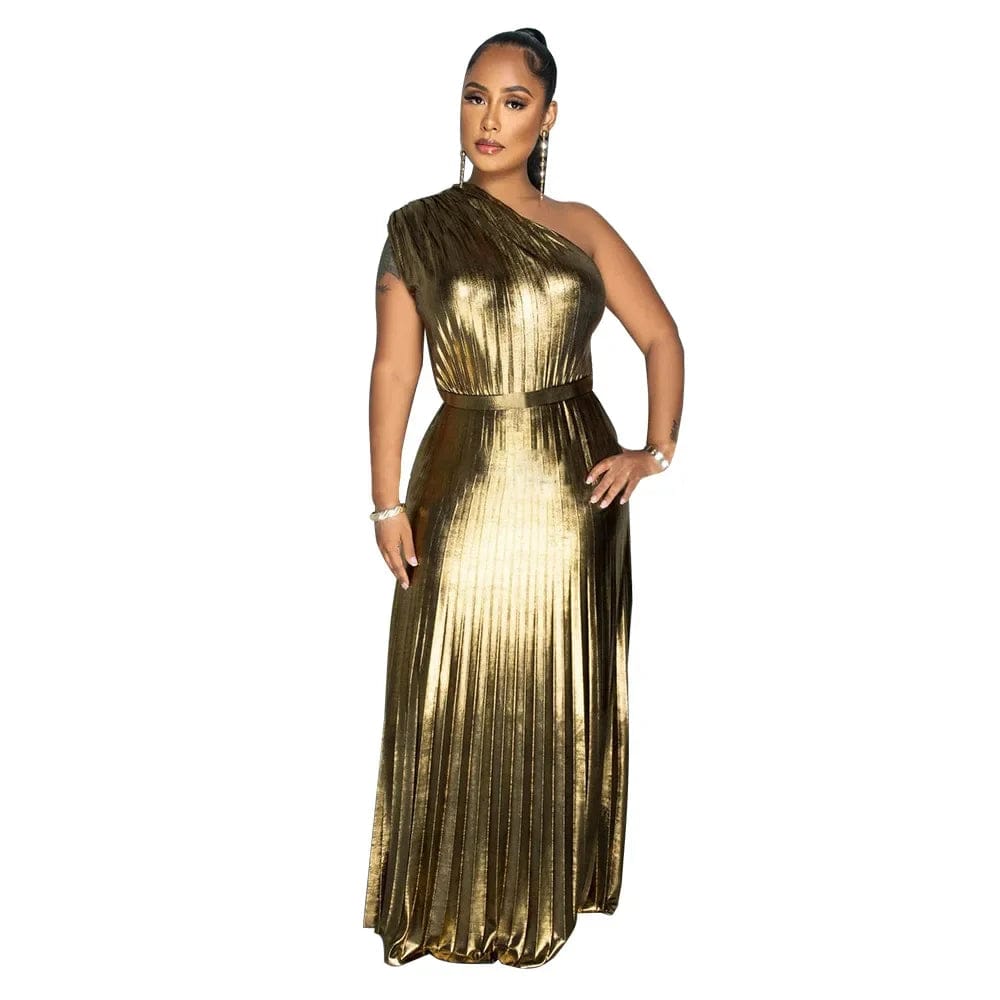 SHOWLU FASHION STORE Gold / S Elegant Women Even Dresses Luxury Maxi Long Metallic Pleated Dress One Shoulder Sleeveless Premium Shiny Shimmer Gowns