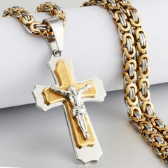  Showlu Fashion Store Gold Silver Color / 70cm Religious Catholic Crucifix Jesus Cross Necklace for Men Cross Pendent with Bible Necklace Men Byzantine Chain Jewelry Gifts