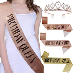  Showlu Fashion Store Gold Silver Glitter Birthday Sash Rhinestone Tiara 18th Crystal Crown Birthday Queen Satin Ribbon Sash For Birthday Party Decor