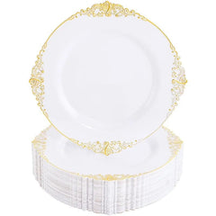 Showlu Fashion Store Gold / United States / 10.25inch 100PCS White and Gold Plastic Plates - 10.25Inch Gold Disposable Plates - Heavyweight Gold Dinner Plates for Wedding & Party