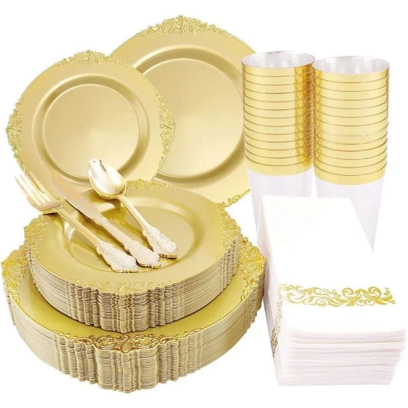 Showlu Fashion Store Gold / United States 175PCS Solid Gold Plastic Plates with Gold Rim，Disposable Silverware Include25 Dinner Plates,25 Dessert Plates, 25 Forks