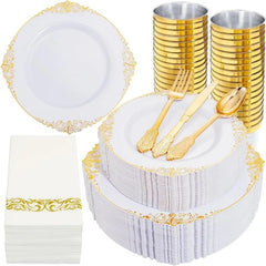 Showlu Fashion Store Gold / United States / 350PCS 350PCS Clear Gold Plastic Plates - Gold Plastic Dinnerware Sets for 50 Guests - 100 Gold Disposable Plates, 150 Plastic