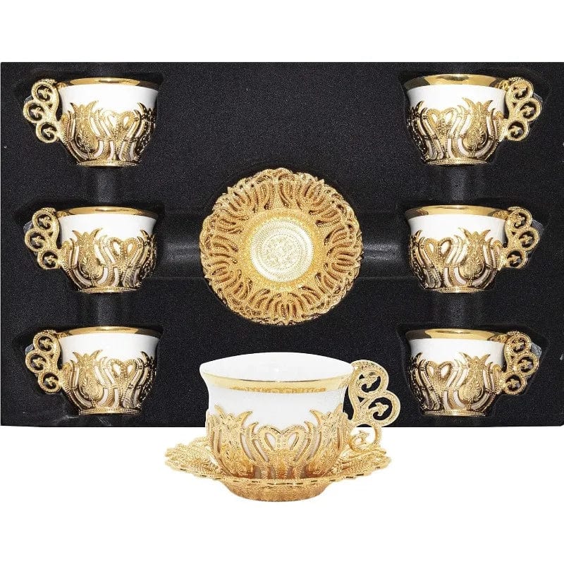  Showlu Fashion Store Gold / United States Turkish Coffee Cup Set, White Porcelain and Zinc Metal with Turkish Motifs, 6 Cups and Saucers (Gold)