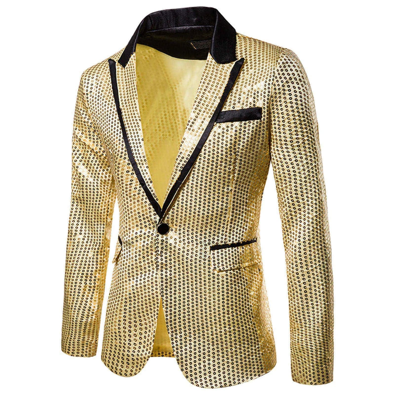 SHOWLU FASHION STORE Gold / XL Fashionable Men's Luxurious Sequin Suit Jacket Color Blocking Collar Casual Single Button Blazer Coats Charm Men's Clothing