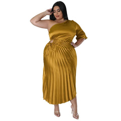 SHOWLU FASHION STORE Gold / XL XL-5XL 2023 Spring New Arrival African Women Half Sleeve Solid Color Polyester Pleated Dress Dashiki African Dresses for Women