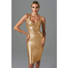  Showlu Fashion Store Gold / XS New Women Summer Style Sexy Sleeveless Backless Gold Silver Bronzing Midi Bodycon Bandage Dress 2022 Elegant Evening Party Dress