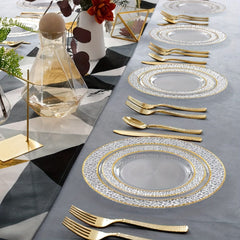 Showlu Fashion Store Golden 150PCS Clear Gold Plastic Plates - Disposable Gold Rim Plates include 25Dinner Plates, 25Dessert Plates, 25Forks, 25Knives, 25Spoons, 25Cups for Wedding & Party