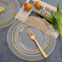 Showlu Fashion Store Golden 150PCS Clear Gold Plastic Plates - Disposable Gold Rim Plates include 25Dinner Plates, 25Dessert Plates, 25Forks, 25Knives, 25Spoons, 25Cups for Wedding & Party