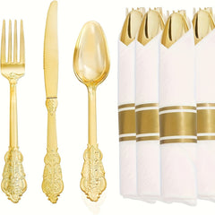 Showlu Fashion Store Golden color 30 Pack Gold Plastic Silverware With Pre Rolled Napkins- Disposable Gold Plastic Cutlery -Premium Quality Gold Plastic Utensils- Includes 30 Forks, 30 Knives, 30 Spoons, 30 Napkins