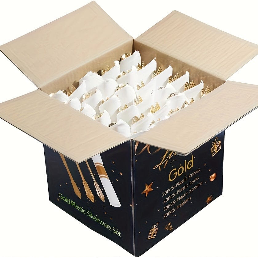 Showlu Fashion Store Golden color 30 Pack Gold Plastic Silverware With Pre Rolled Napkins- Disposable Gold Plastic Cutlery -Premium Quality Gold Plastic Utensils- Includes 30 Forks, 30 Knives, 30 Spoons, 30 Napkins