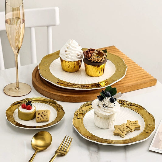  Showlu Fashion Store Golden Lace Ceramic Meal Plate Instagram Style French Style Dessert Bread Flat Ware Fancy Accessible Luxury Afternoon Tea Tableware