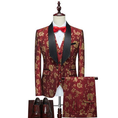 SHOWLU FASHION STORE Golden Red / Asian 5XL is Eur 3XL (Jacket+Vest+Pant) Men Business Casual Slim Fit Suits 3 Pieces Sets Fashion Flower Printed Tuxedo Wedding Formal Dress Blazers