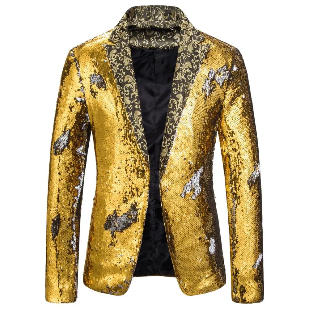 SHOWLU FASHION STORE golden / S Men's Suit Shiny two-tone sequin shawl Collar suit Men's Wedding Groom Singer Dance Sequin Suit Jacket DJ Club Stage Men's suit