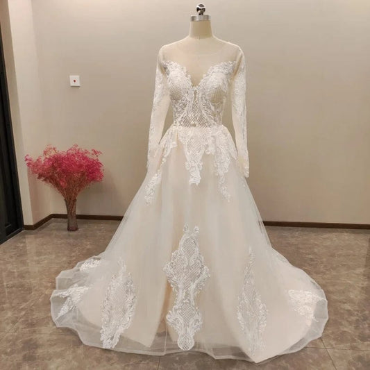  Showlu Fashion Store Gorgeous Long Sleeves Wedding Dresses Applique Illusion Vestido De Noiva Sexy Backless Vestidos De Novia