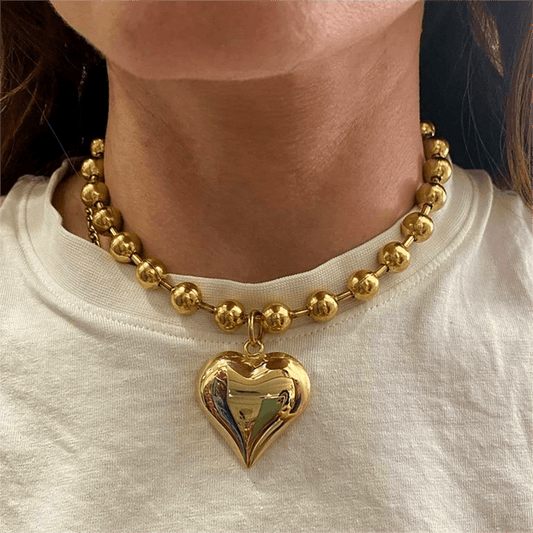  Showlu Fashion Store Gothic Gold Heart Pendant Necklace for Women Stainless Steel Beaded Choker Steampunk Jewelry