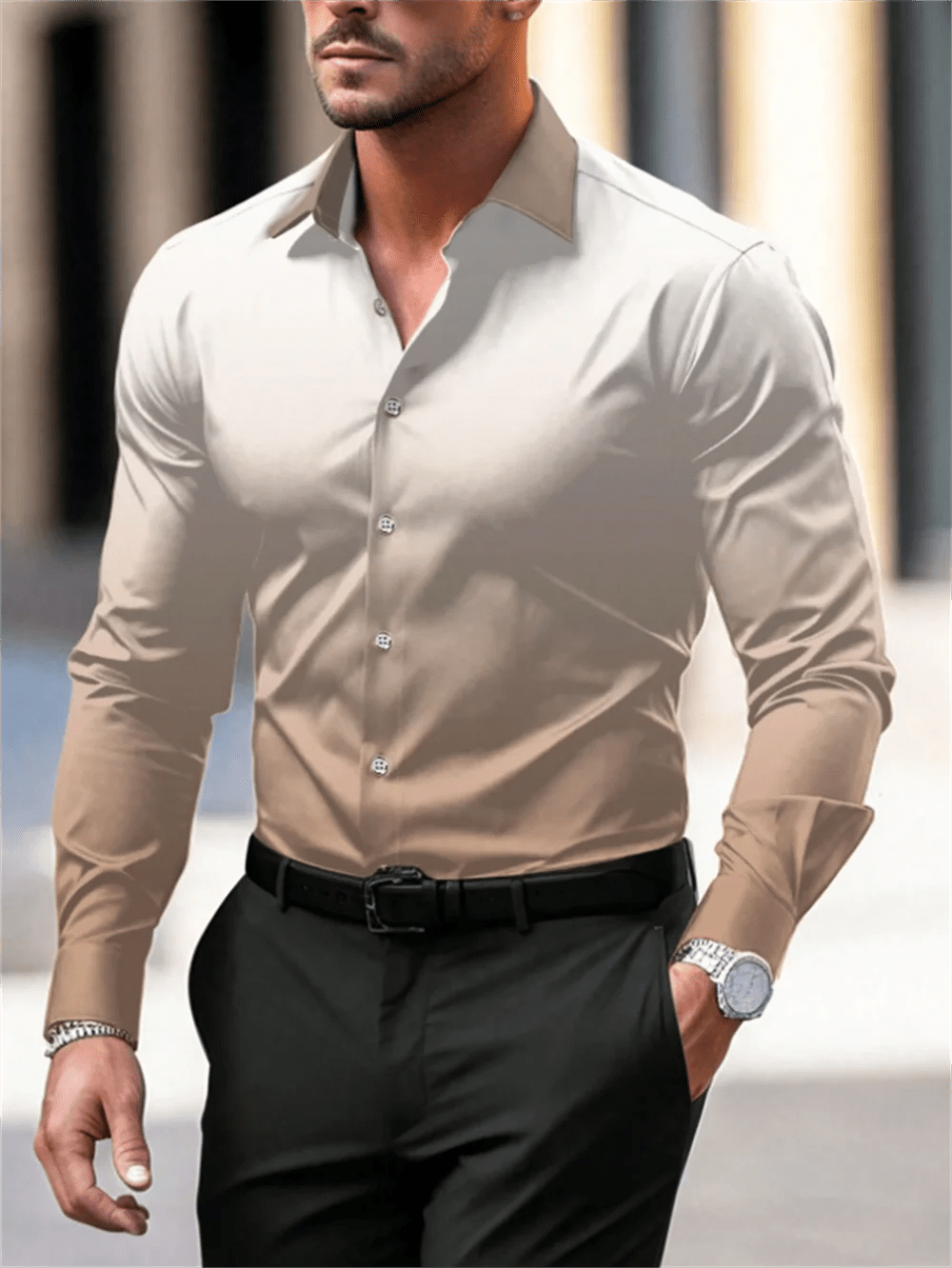 SHOWLU FASHION STORE Gradient Color Long Sleeve Shirt Casual Breathable Men Shirt Lapel Large Size Men Clothing Fashion Button Design