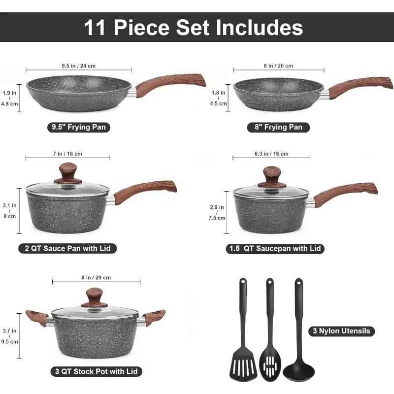  Showlu Fashion Store Granite Pots and Pans Set Ultra Nonstick,11 Piece Die-Cast Cookware Sets with Frying Pan, Sauce Pan, Stockpot, Stay Cool Handle