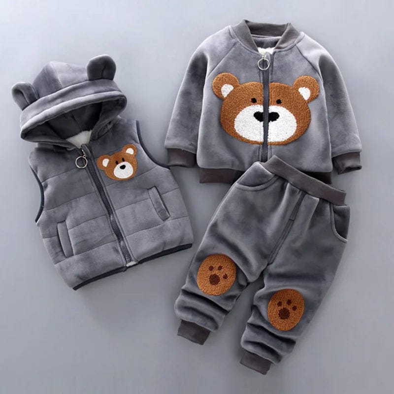 Showlu Fashion Store Gray 1 / 6-12M Autumn Winter Baby Boys Clothes Sets Thick Fleece Cartoon Bear Jacket Vest Pants 3Pcs Cotton Sport Suit For Girls Warm Outfits