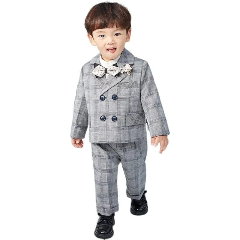 Showlu Fashion Store gray / 12M Children's Flormal Plaid Dress Suit Set Baby Boy Autumn Wedding Party Banquet Costume Kids Double Breasted Blazer Pants Bowtie