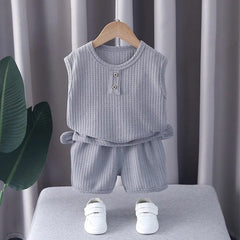  Showlu Fashion Store GRAY / 12M Summer Boys Clothes Round Neck Sleeveless Vest T-Shirt Suit Baby Boy Clothing Shorts 2 Piece Set